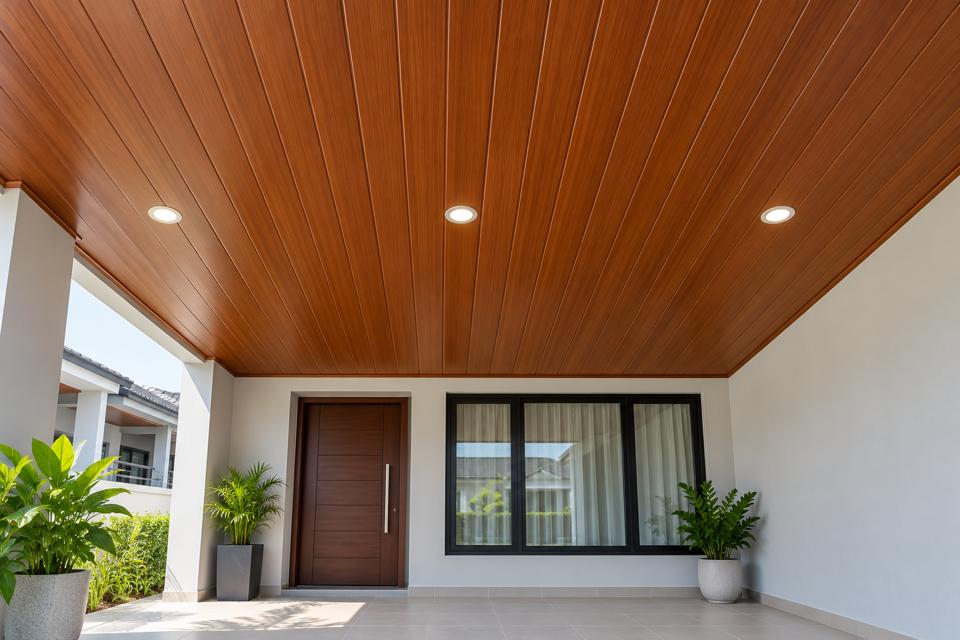 Illustration of a warm Alder woodgrain PVC ceiling over a landed-house car porch in daylight