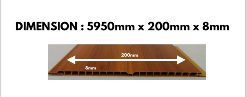 Ukuran panel siling PVC: jalur berongga 5950 × 200 × 8 mm dilihat dari keratan rentas