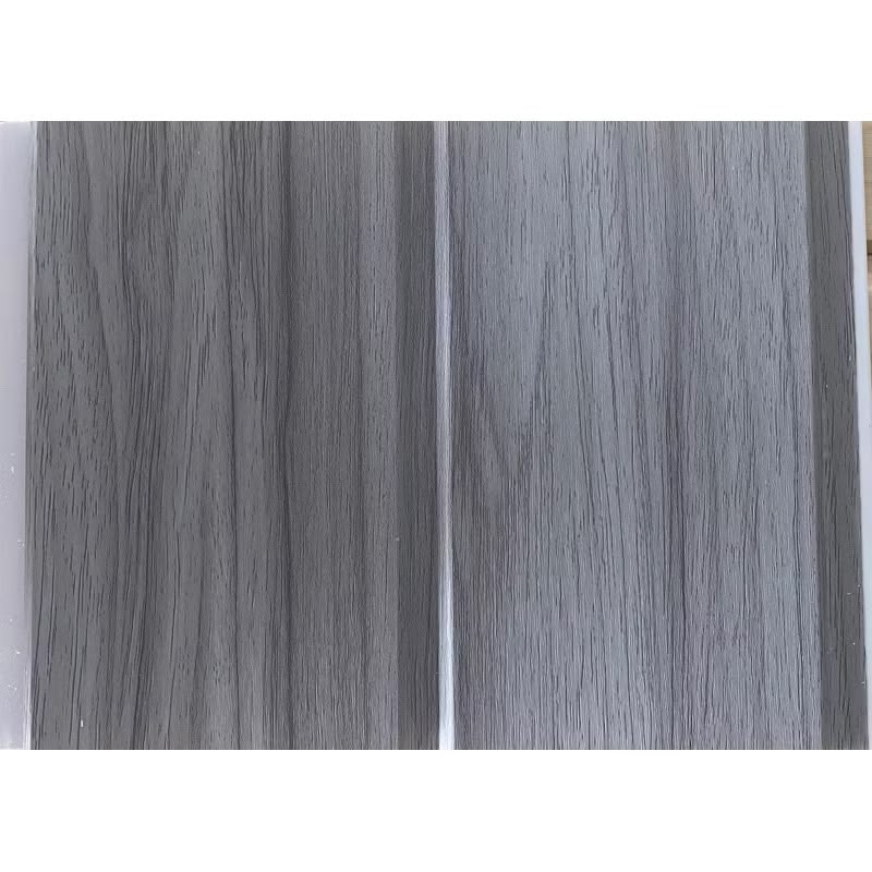 Close-up of the 114 Grey Teak woodgrain PVC ceiling panel, a cool finish for shop fronts and five-foot ways