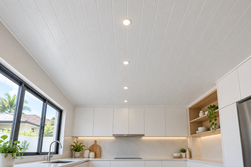 Illustration: a 108 White PVC strip ceiling with downlights over a kitchen, the wipe-clean finish for back of house