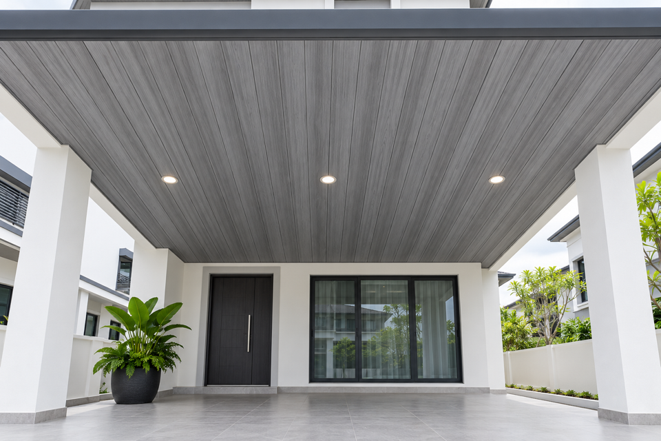 Illustration: a car porch with a 114 Grey Teak PVC ceiling and downlights, a space where PVC is the practical pick