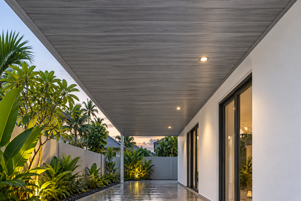 Illustration of a Grey Teak woodgrain PVC ceiling over a covered side walkway open to the garden